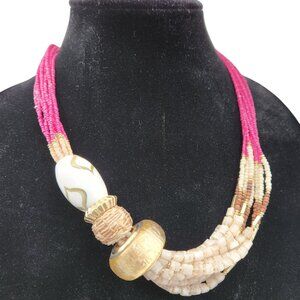 Chico's Multistrand Beaded Necklace With Gold Accents & Pink Rope Detailing